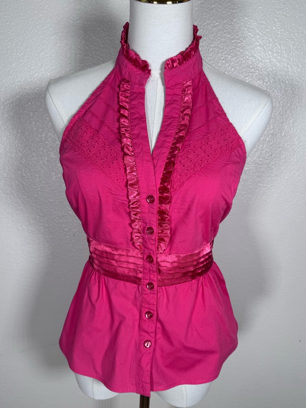 XOXO Hot Pink Ruffled Halter Button-Up Top